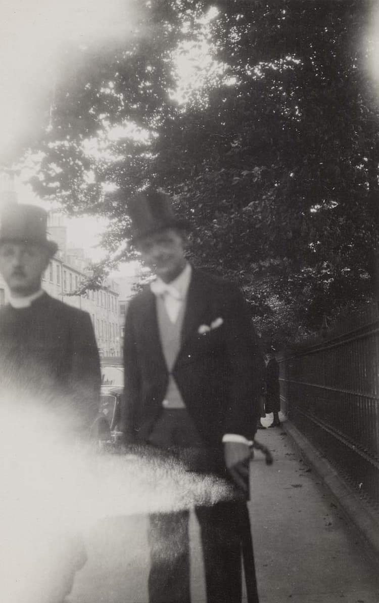 Eliot wearing a top hat and tails on his way to a garden party in Edinburgh, July 1937 by Nessie B. Dickson.