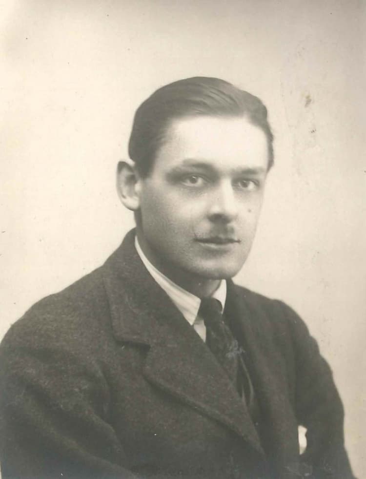 'The smudge like a Hitler moustache is a shadow – but amateurs with powerful cameras should not photograph their friends late in the evening, as the male friends tend to look rather unshaven under that magnifying lens.' (10 March 1939); Portrait of Eliot by E. McKnight Kauffer, 1928.