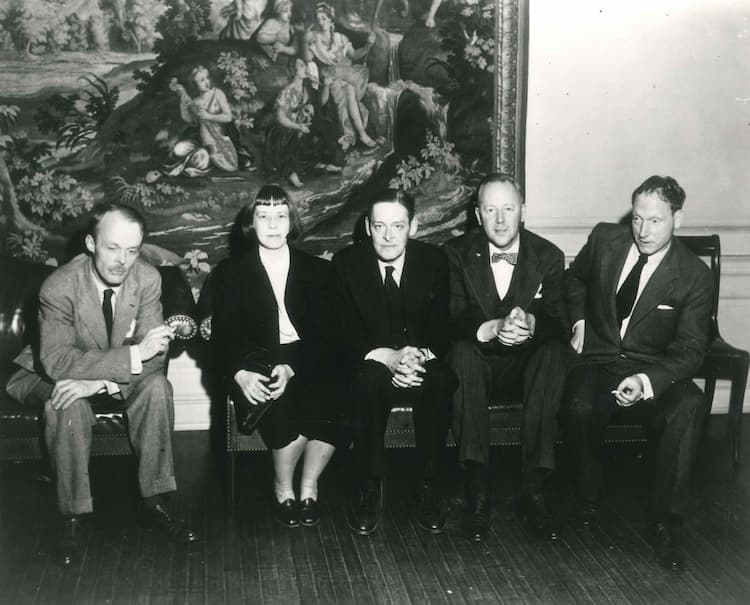 The 1948 Bollingen Award judges: Allen Tate, Léonie Adams, T. S. Eliot, Theodore Spencer, and Robert Penn Warren, in Whittall Pavilion, Library of Congress, Washington, D.C., 19 November 1948.