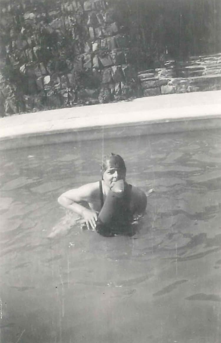 ‘Bathing in the pool is part of the routine; the pneumatic Seal I brought is a great success, and they try to ride him and fall splash. It is the only sport in which I indulge.’ (2 September 1933); Eliot in the swimming pool at TyGlyn Aeron, Wales, ca. August–September 1933.
