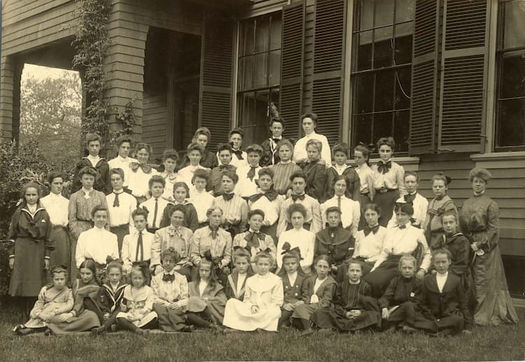 Classmates and teachers at Berkeley Street School in 1904. Emily Hale, Eleanor Hinkley and Penelope Noyes are among the classmates.