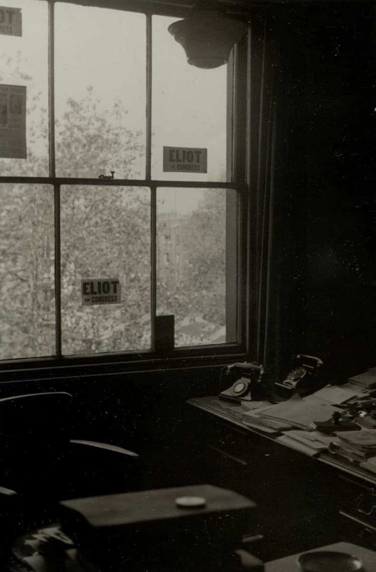 ‘Eliot for Congress’ stickers on the window of Eliot’s office at F&F, put there by his colleagues on the occasion of Eliot’s fiftieth birthday, 26 September 1938.