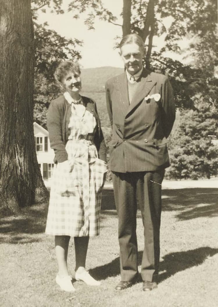 Hale and Eliot in Vermont, July 1946. Eliot was visiting Hale who was there to perform the lead role in Blithe Spirit by Noël Coward.