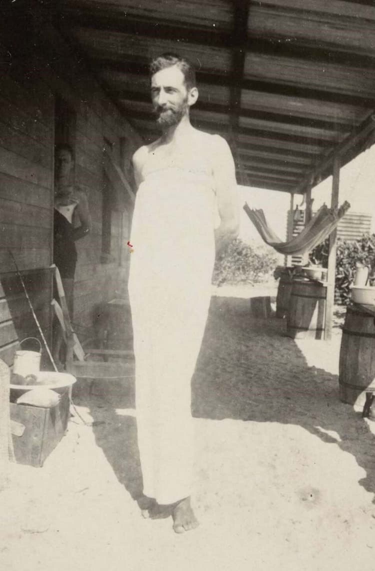 Geoffrey Tandy draped in a bed sheet, Low Islands, Queensland, 1928.