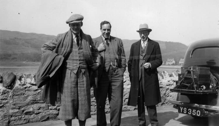 ‘Tomorrow night we leave for Scotland – Morley, Donald Brace and myself meet George Blake in Glasgow and motor to Inverness – then to John o’Groats and back, and return by train from Glasgow on Sunday night.’ (24 April 1935); T. S. Eliot, Frank Morley and Donald Brace on a motoring trip in Scotland in 1935.